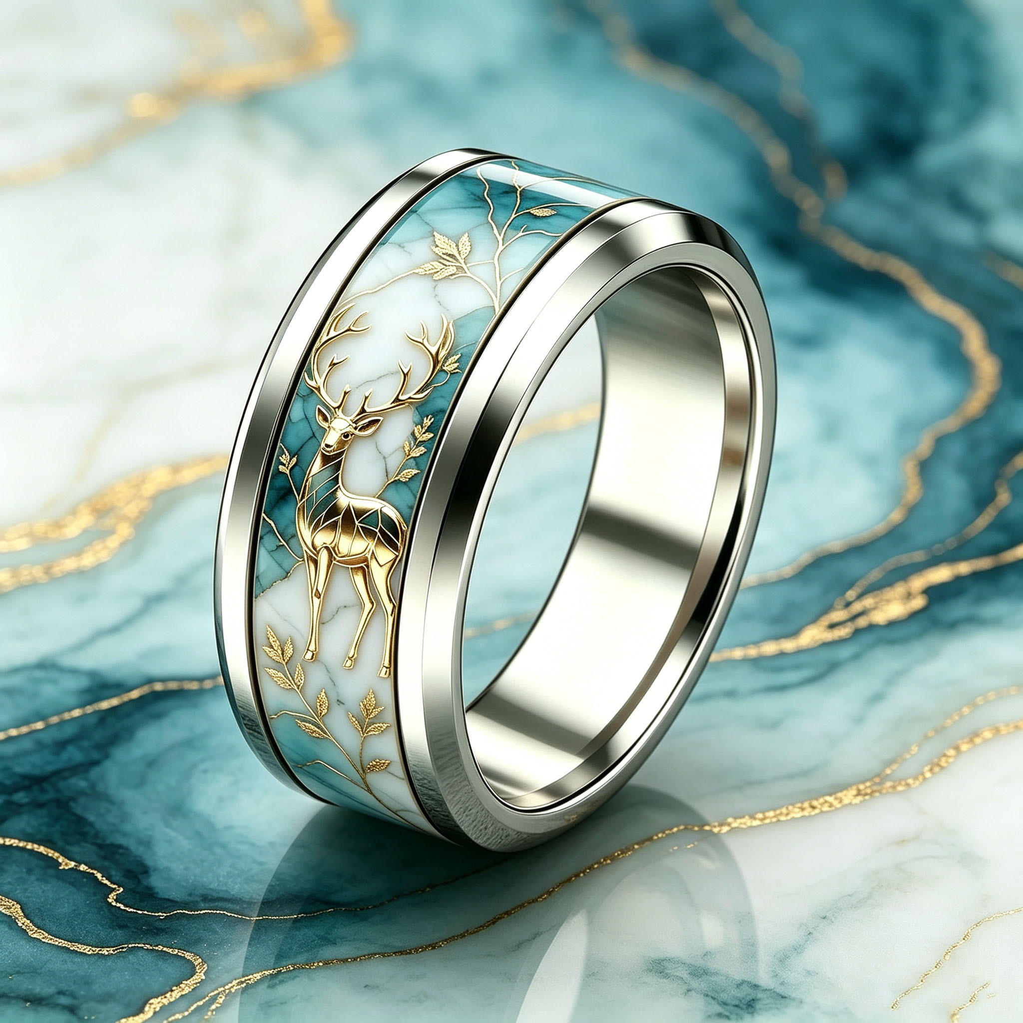 Women's Light Luxury Gilded Reindeer Marble-Veined Stainless Steel Ring
